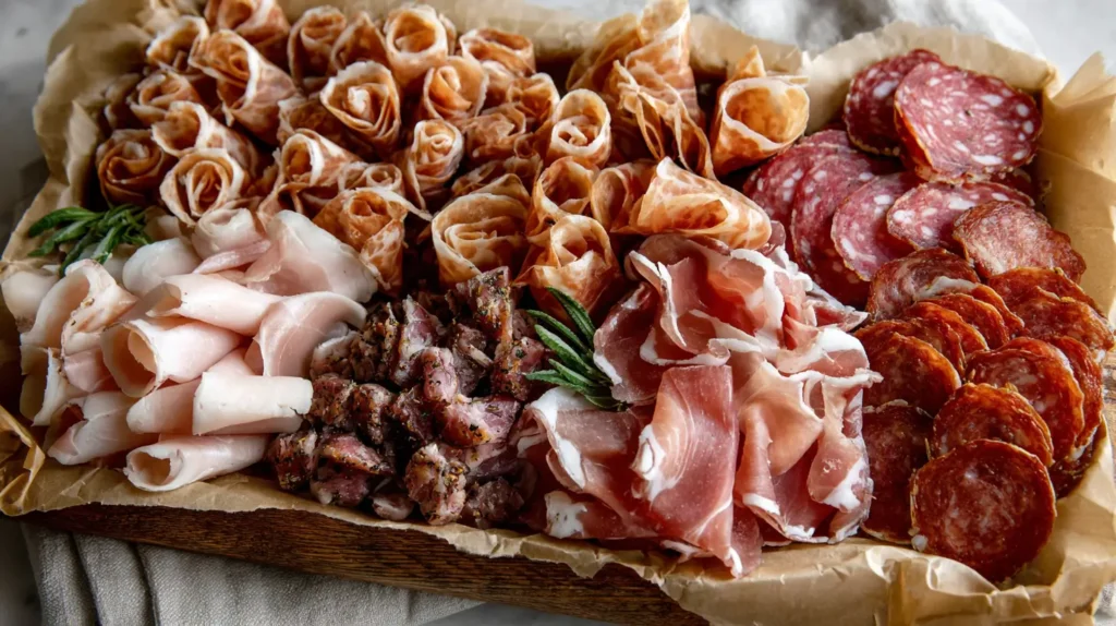 meats on a wooden tray