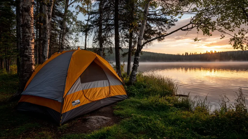 tent overlooking a lake at sunset
