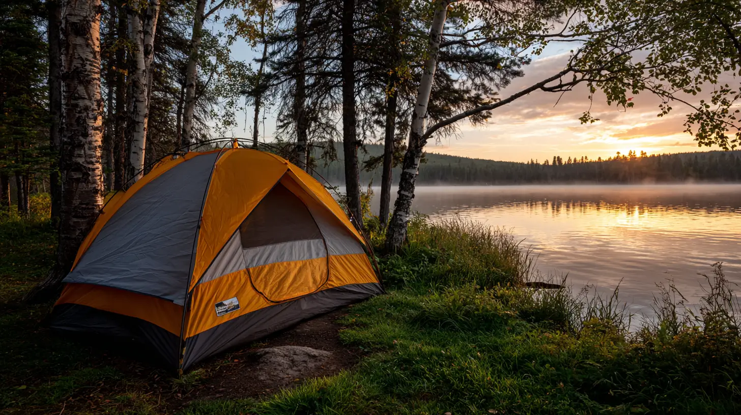 tent overlooking a lake at sunset