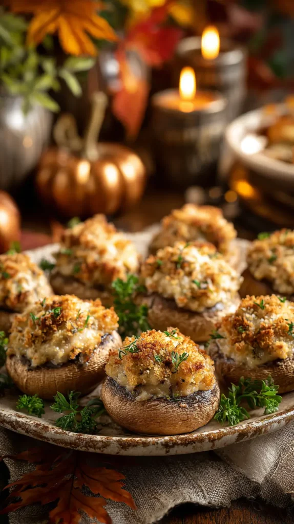 hyper-realistic photo of stuffed mushrooms with golden breadcrumb and Parmesan tops, tender caps glistening, herbs sprinkled over, served on a rustic ceramic platter, background featuring a cozy fall table with candles and autumn leaves, image needs a high bright exposure, no shadows