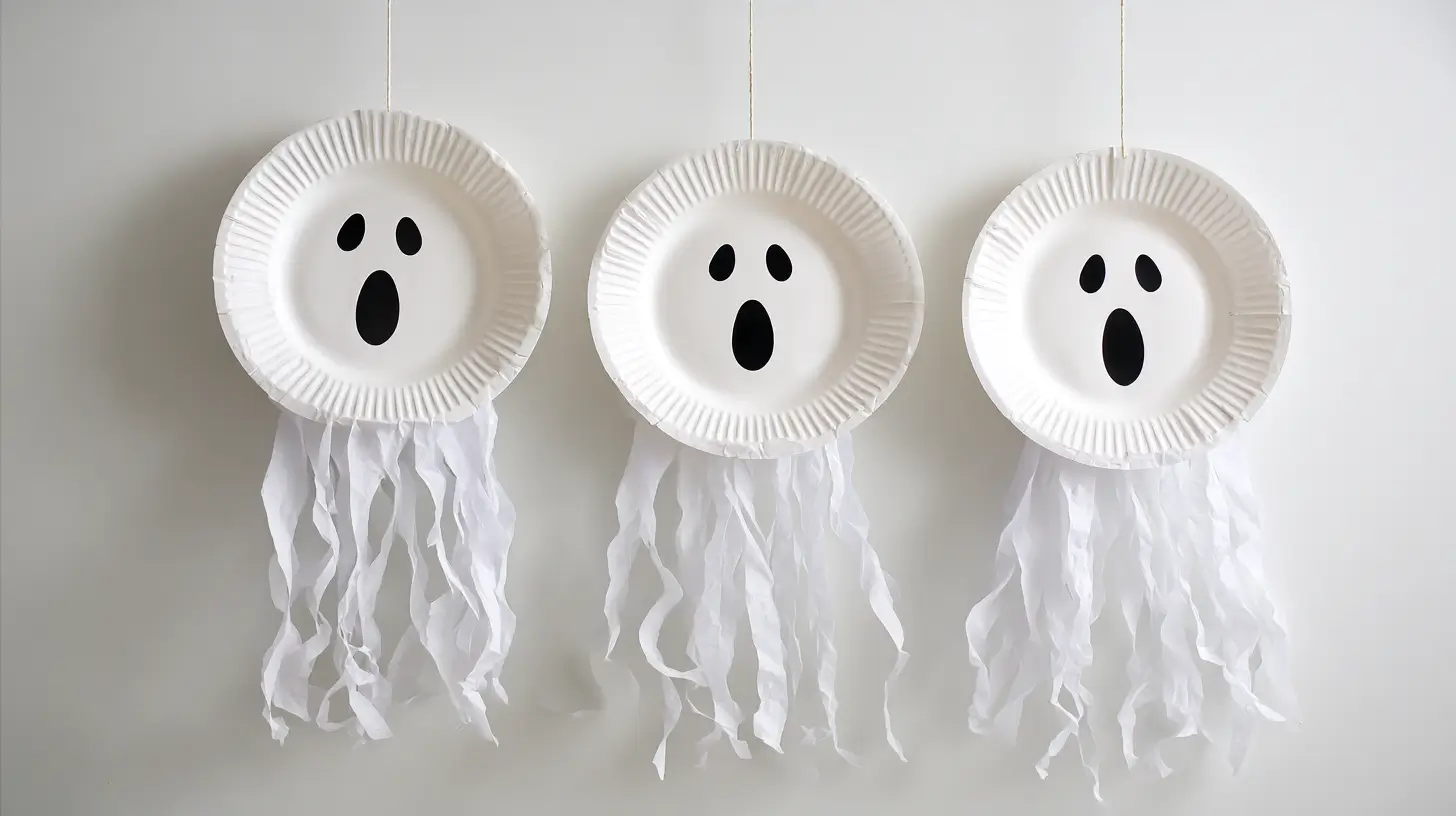 hyper-realistic photo of finished paper plate ghosts made from white paper plates facing outward, each with two round black paper eyes and one large black oval mouth glued to the front, long wavy strips of white paper streamers taped to the bottom edge, hanging from thin white string, background is a plain bright white wall, crisp high bright exposure, evenly lit, no shadows