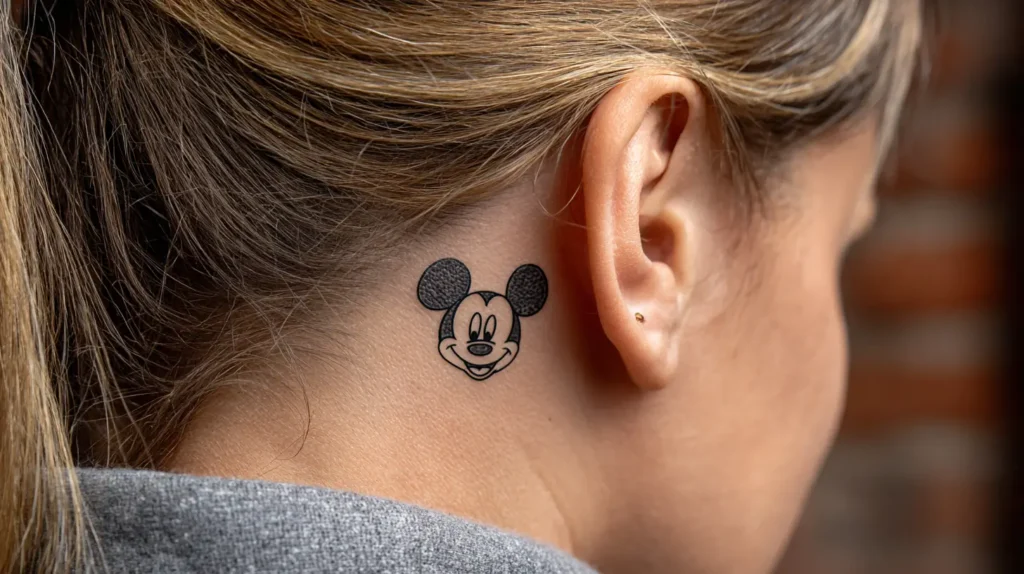 mickey mouse tattoo behind the ear