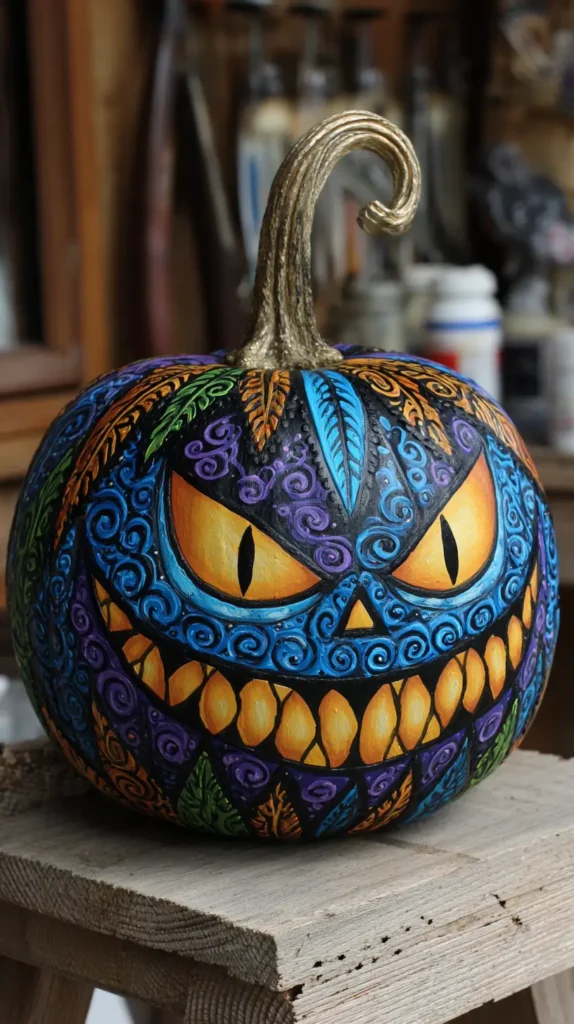elaborate painted pumpkin face