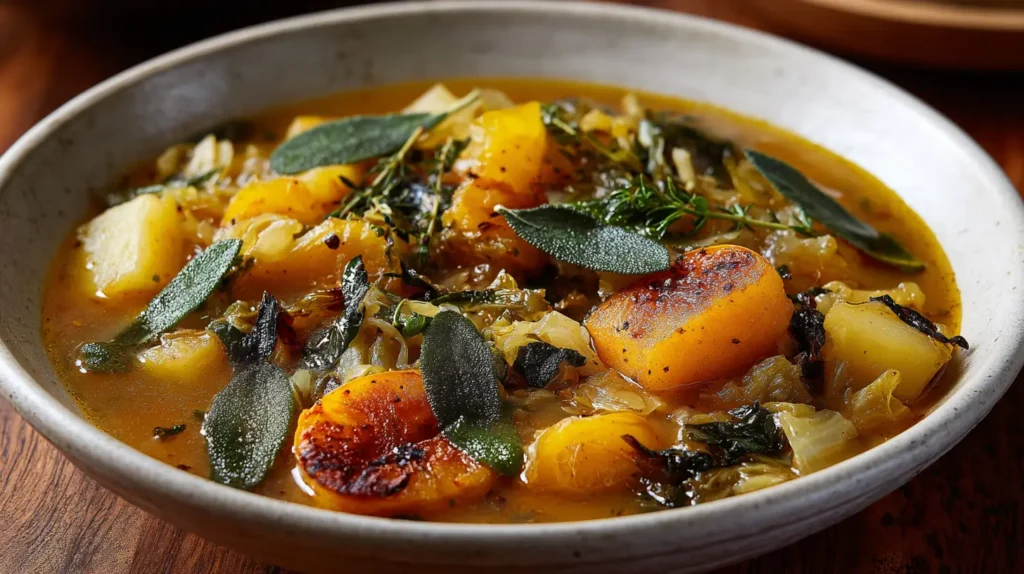 roasted peach and sage cabbage soup