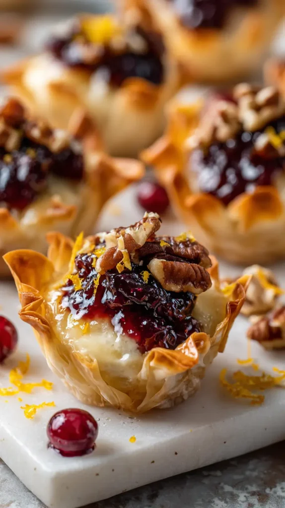 hyper-realistic photo of golden-brown phyllo cups filled with melted brie, glossy whole-berry cranberry sauce, and toasted pecans, arranged on a rustic wooden tray, background with warm fall leaves and a soft neutral linen cloth, colors of amber, deep red, and golden pastry, image needs a high bright exposure, no shadows