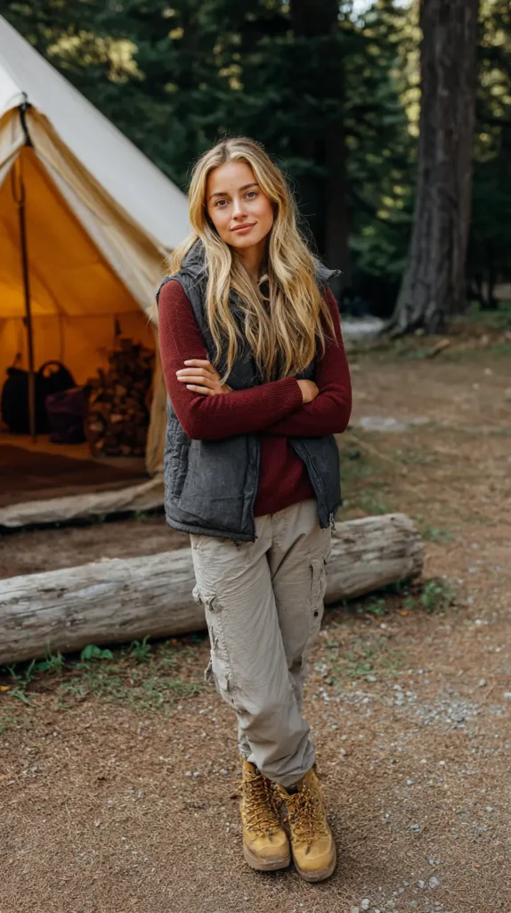 woman standing outside a tent