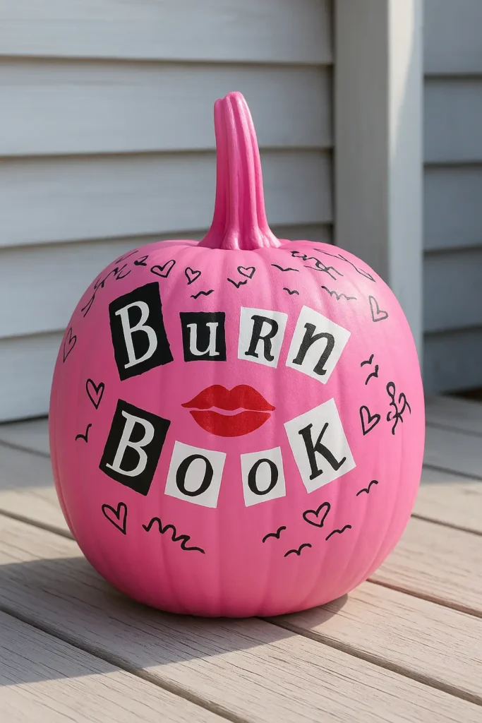 burn book graphic on a pink pumpkin