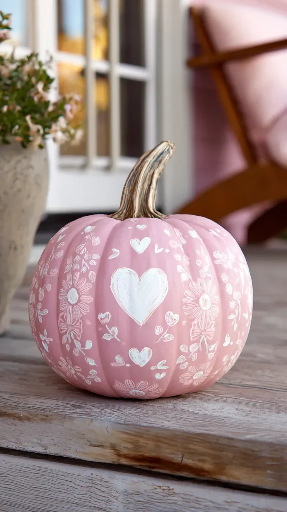 soft girl aesthetic, hearts, painted pumpkin