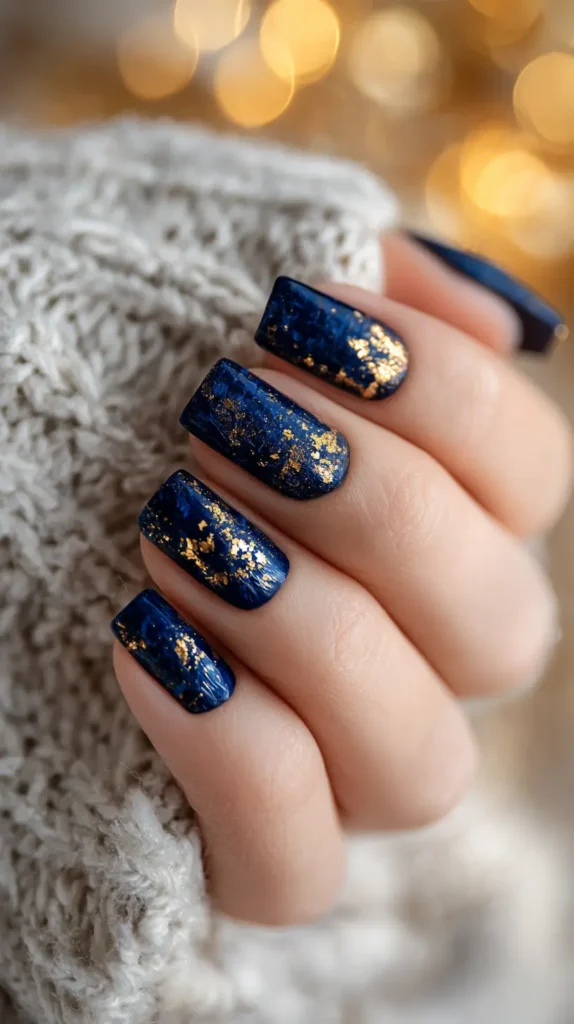 navy blue with gold foil, autumn nails
