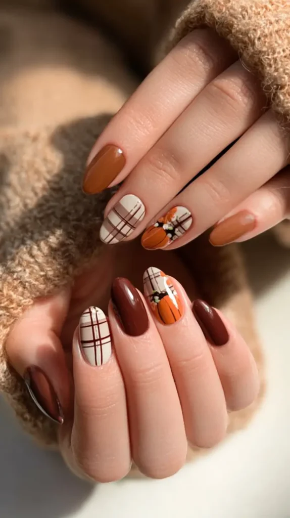 Female manicured hands with medium oval nails, warm brown solids, plaid patterns, and tiny pumpkin nail art, white-bright lighting, autumn-inspired background