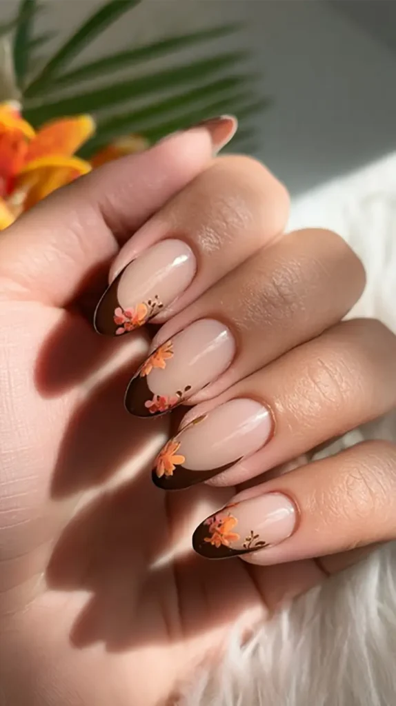 brown tips, tiny flowers, manicure