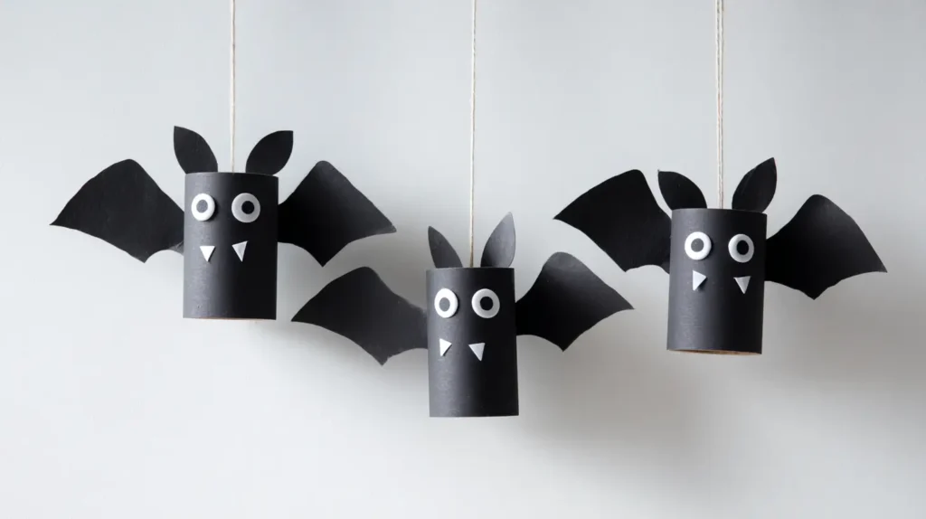 hyper-realistic photo of finished toilet paper roll bats made from cardboard toilet paper tubes painted flat black, top edges folded inward to form small ears, smooth black construction paper wings glued to each side, large round googly eyes glued to the front, two small white paper triangles for fangs, hanging upside down from thin white string, background is a plain bright white wall, crisp high bright exposure, evenly lit, no shadows