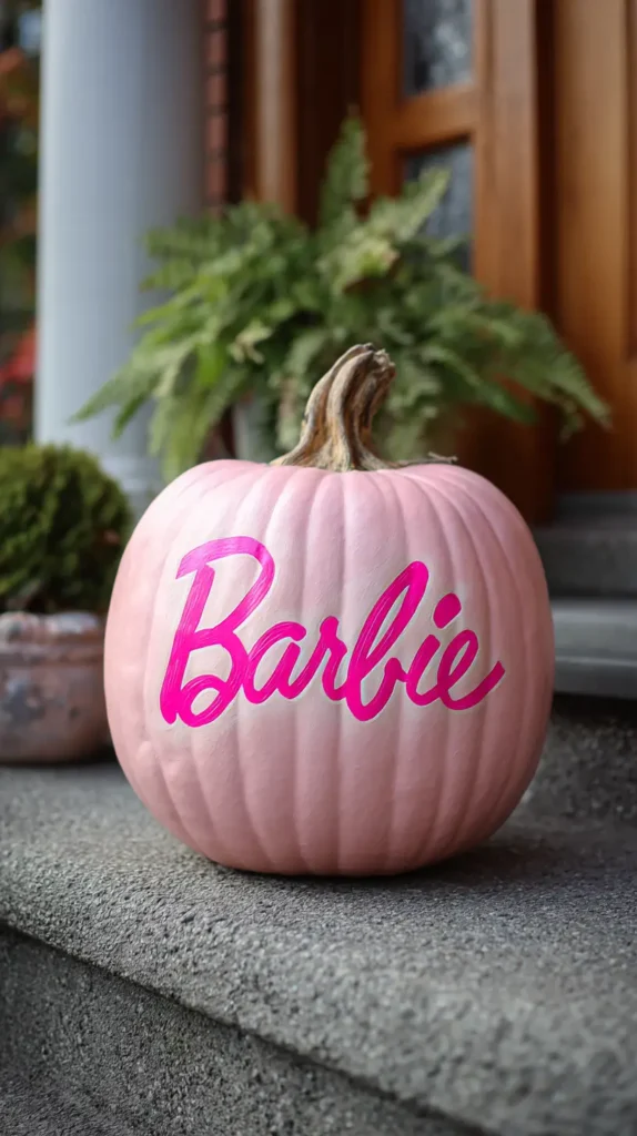 barbie font writing Barbie on pink pumpkin, pink pumpkin painting ideas