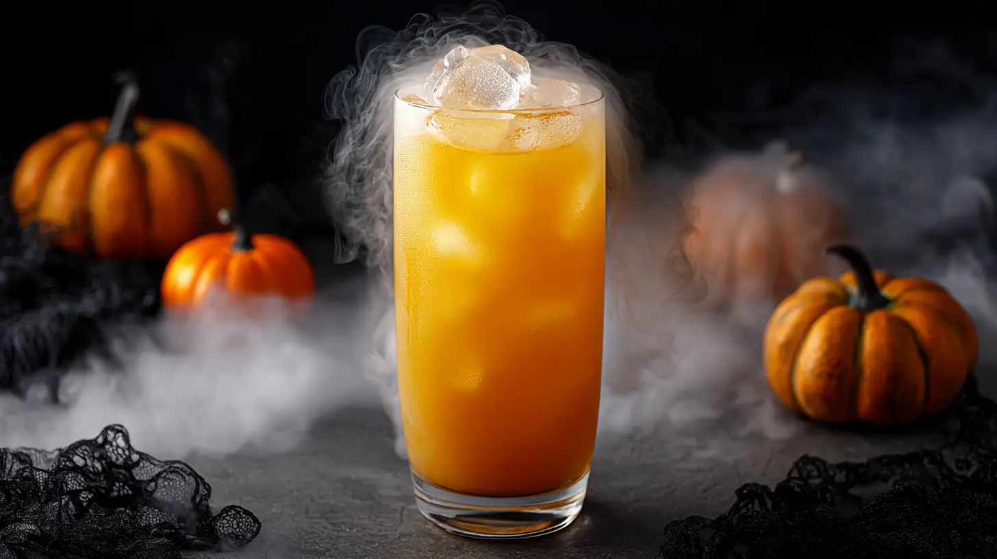 hyper-realistic photo of a tall clear glass filled with golden-orange rum cocktail made from pineapple, passion fruit, lime, and rum, fog rolling over the rim from a small piece of dry ice hidden inside the drink, spooky Halloween background with black lace and mini pumpkins, crisp bright white lighting, image needs a high bright exposure, no shadows