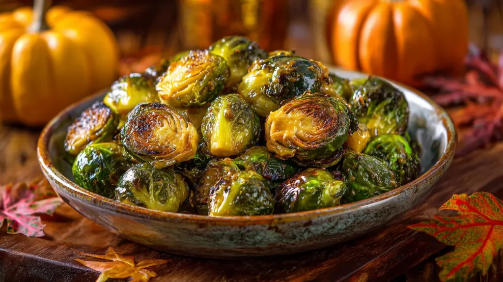 hyper-realistic photo of roasted Brussels sprouts caramelized with a maple mustard glaze, golden edges glistening, served in a shallow rustic bowl, background with warm-toned wooden table, a few fall leaves, and a harvest pumpkin nearby, image needs a high bright exposure, no shadows