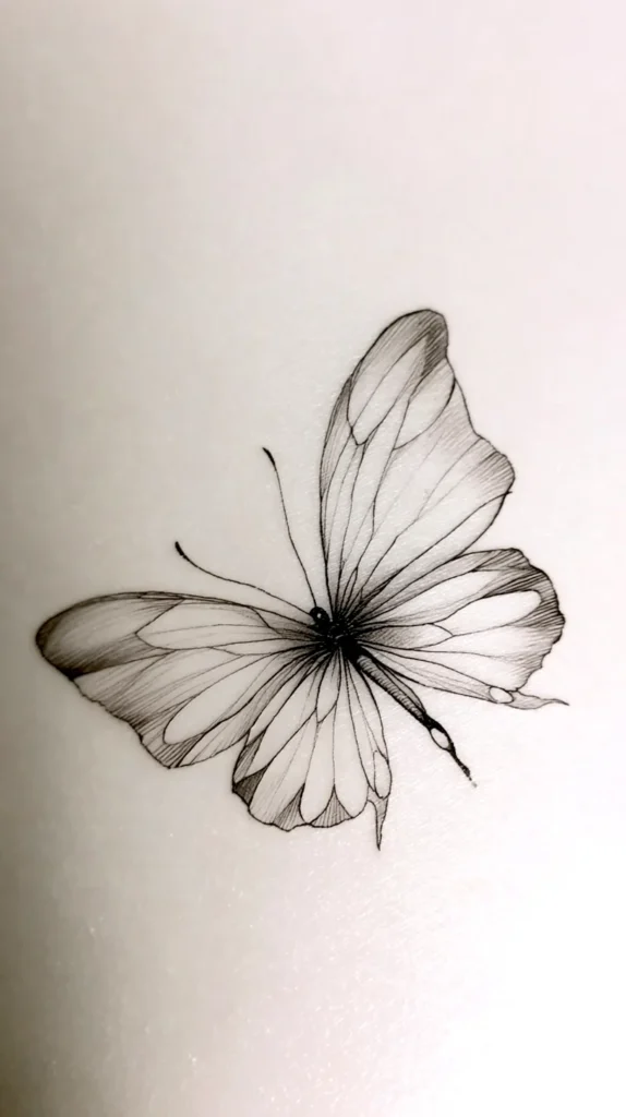 A black and gray monarch butterfly tattoo with detailed wing veins, soft shading, and subtle gradient tones.