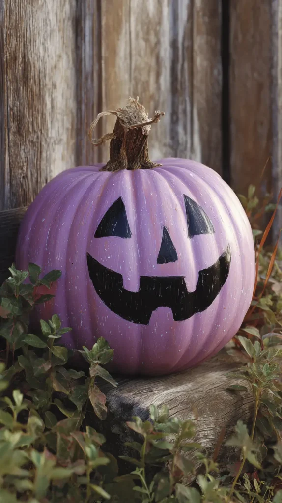hyper-realistic photo of finished painted pumpkins, small real orange pumpkins painted with bright acrylic colors like purple, white, and green, each with hand-painted jack-o’-lantern faces in black paint, smooth and even paint coverage, sitting on a clean white tabletop, background is plain bright white, crisp high bright exposure, evenly lit, no shadows