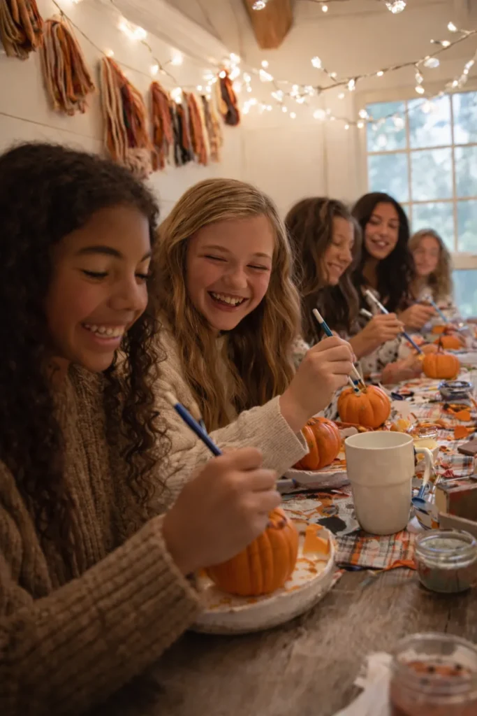 girls painting pumpkins