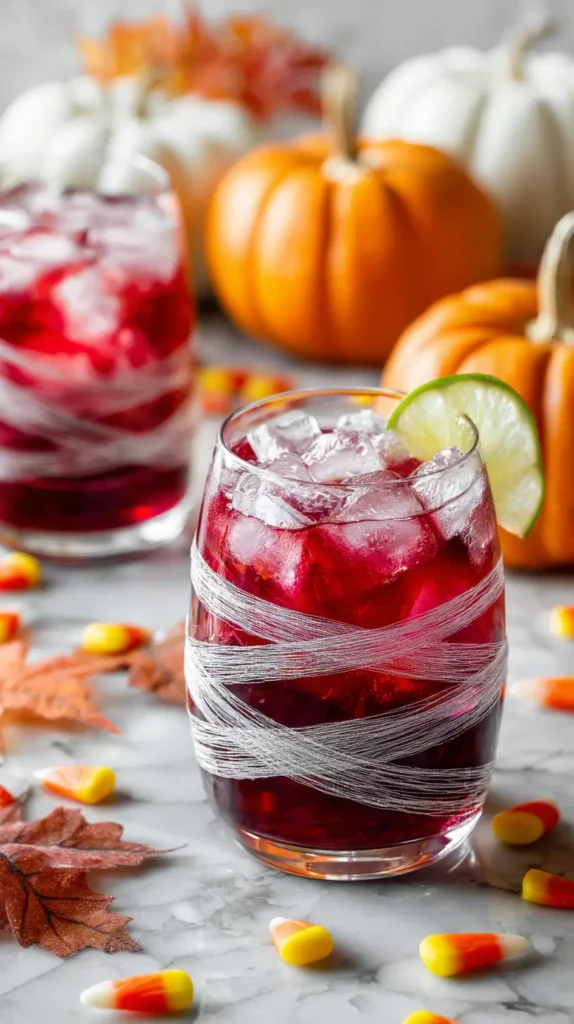 halloween ruby red cocktail with candy corn on the side