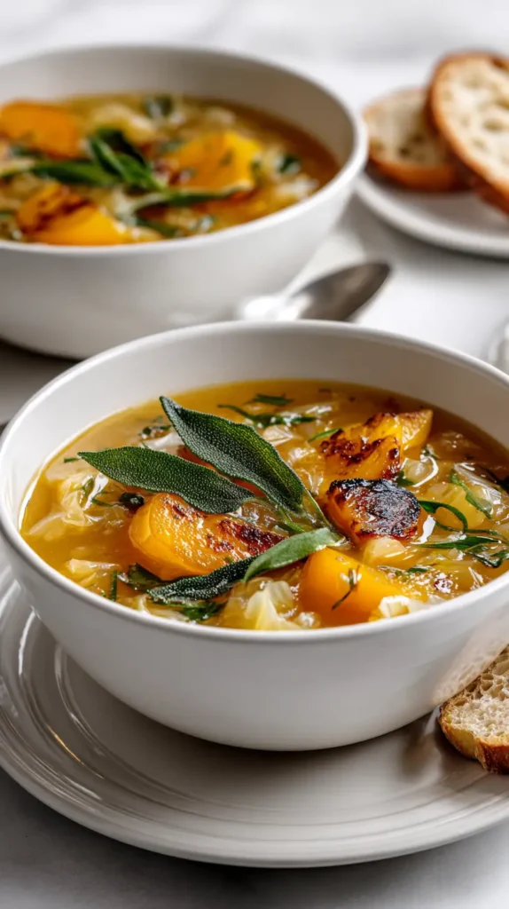 roasted peach and sage cabbage soup with a side of crunchy bread