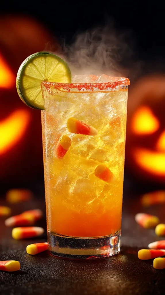 hyper-realistic photo of multiple tall clear glasses filled with golden-orange zombie fog cocktails, each glass bubbling with mist from dry ice inside the drink, pineapple wedges and cherries on rims, set on a Halloween party table with dark candles and cobwebs, crisp bright white lighting, image needs a high bright exposure, no shadows
