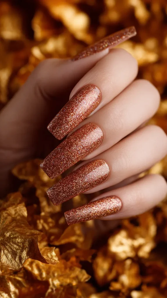 coffin nails, bronze glitter