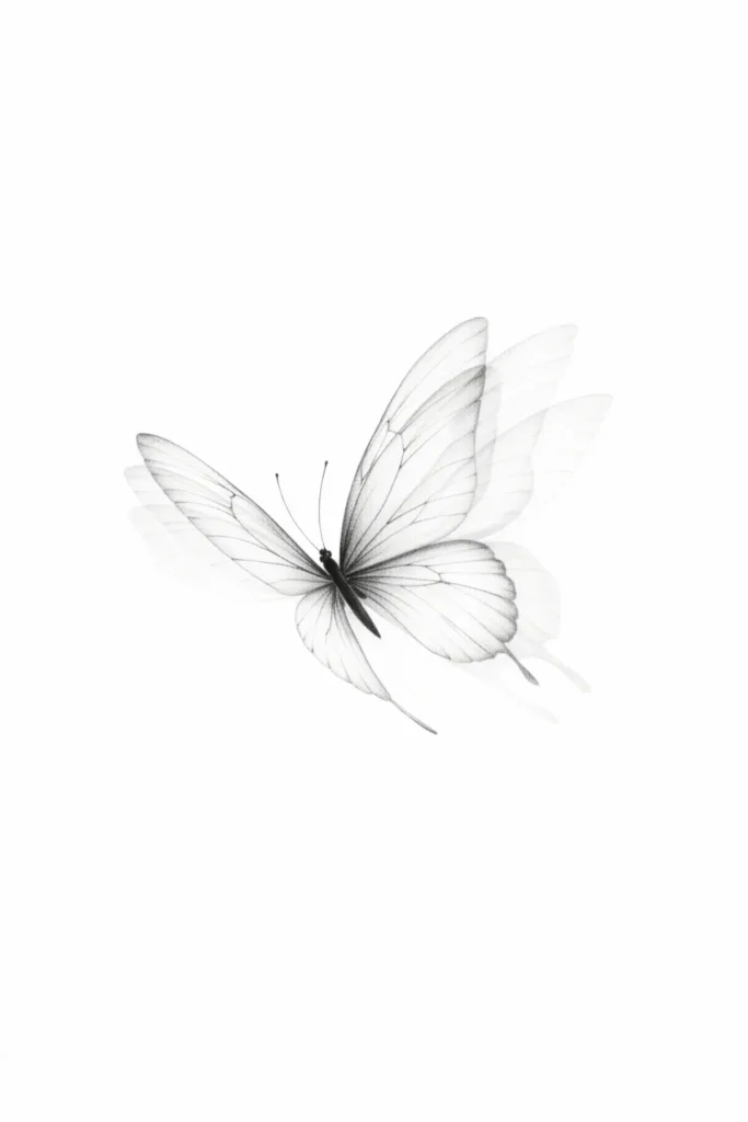 A small, dainty black line butterfly with overlapping wing outlines to show motion, on a bright white background.