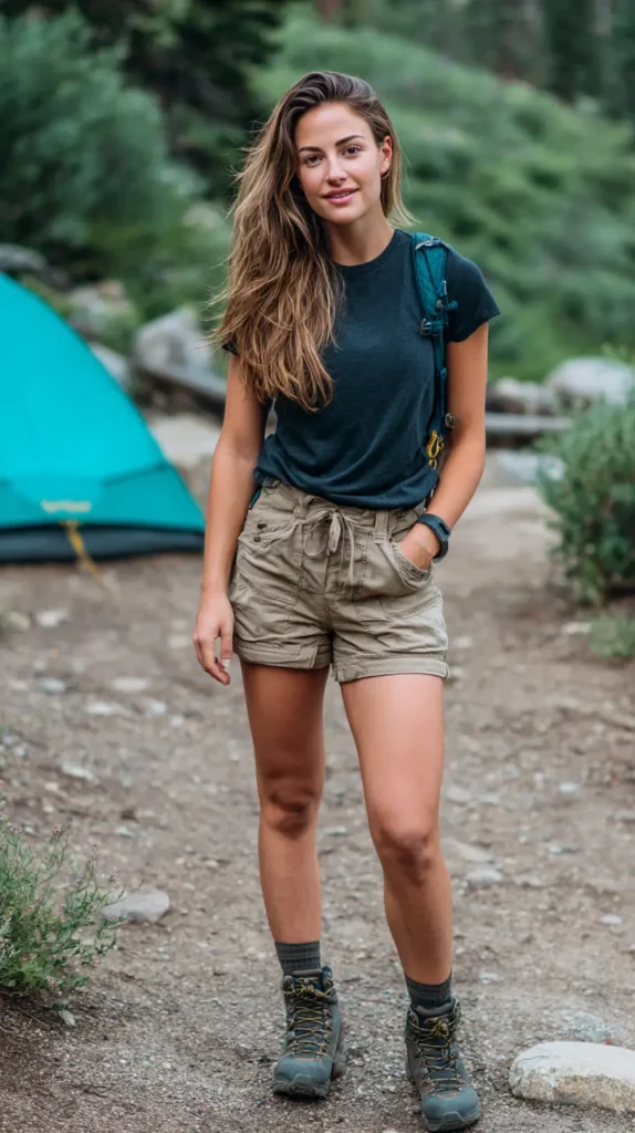 woman with t-shirt, shorts and hiking boots
