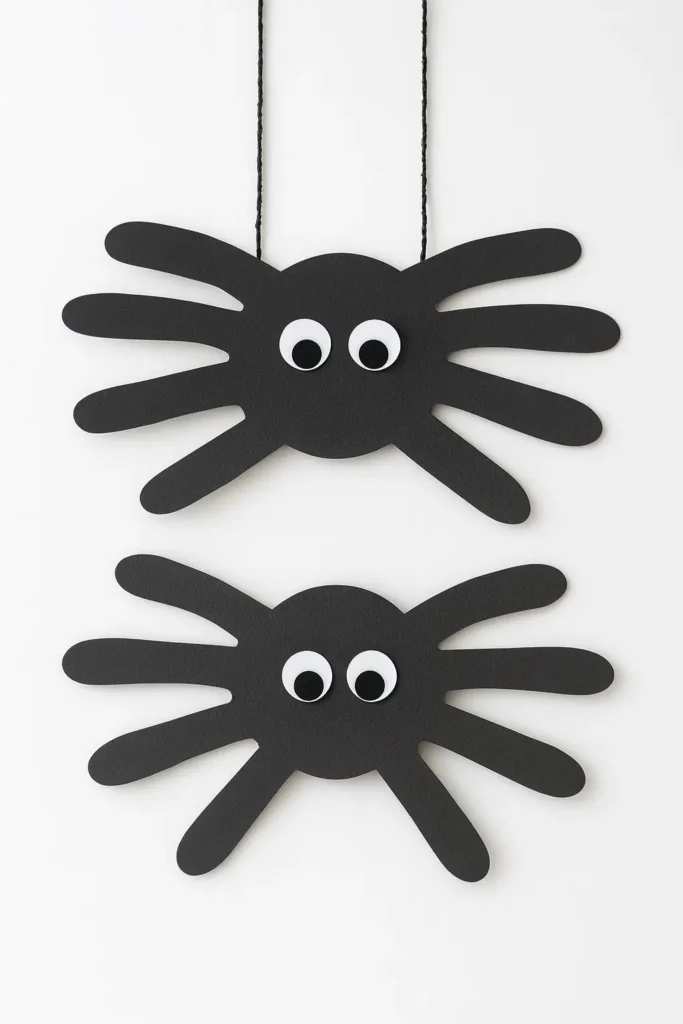 hyper-realistic photo of finished handprint spiders made from two black paper handprint cutouts overlapped so fingers form eight legs, a round black paper circle glued in the center as the body, large white paper eyes glued to the top of the circle, thin black yarn taped to the top for hanging, background is a plain bright white wall, crisp high bright exposure, evenly lit, no shadows