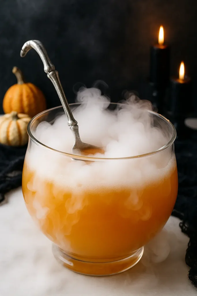 hyper-realistic photo of a punch bowl filled with golden-orange zombie fog cocktail, dry ice hidden in the punch creating fog spilling gently over the rim, skeleton hand ladle resting inside, spooky table background with gourds, black fabric, and candles, crisp bright white lighting highlighting fruit juice clarity, image needs a high bright exposure, no shadows