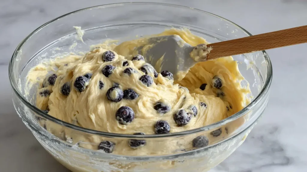 batter in a bowl being mixed with a spoon