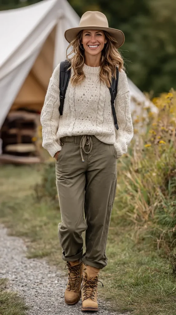 women in a hat, sweater, hiking pants and boots