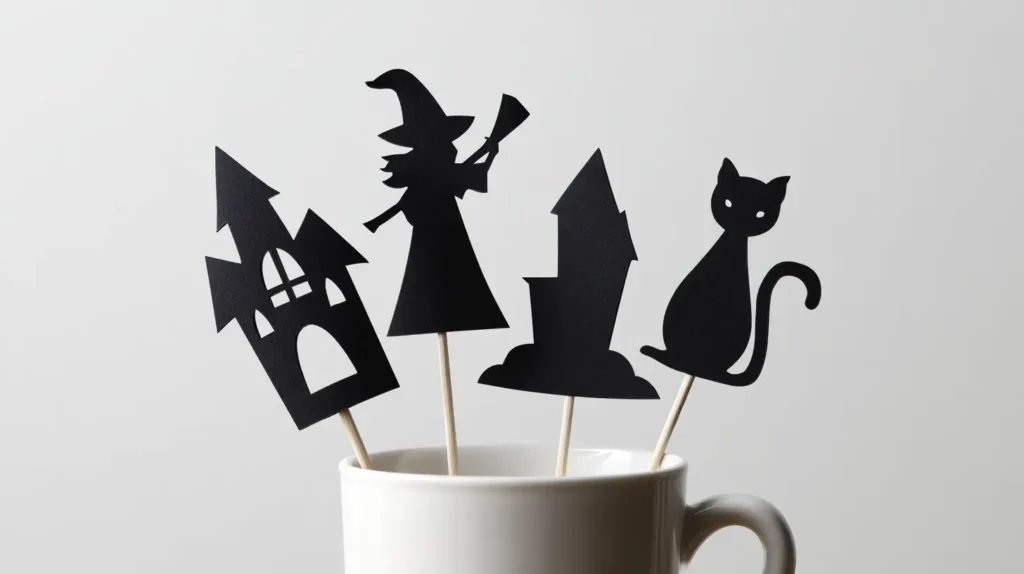 hyper-realistic photo of finished Halloween shadow puppets cut from black cardstock into shapes of a witch, haunted house, black cat, and bat, each taped to a thin wooden stick, puppets standing upright in a plain white ceramic cup, background is a plain bright white wall, crisp high bright exposure, evenly lit, no shadows