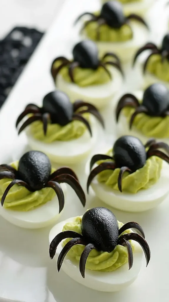 avocado deviled eggs with spider olives