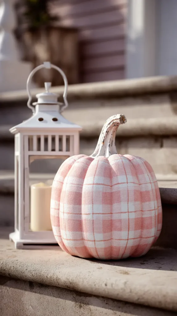 plaid painted pumpkin in pink and white 