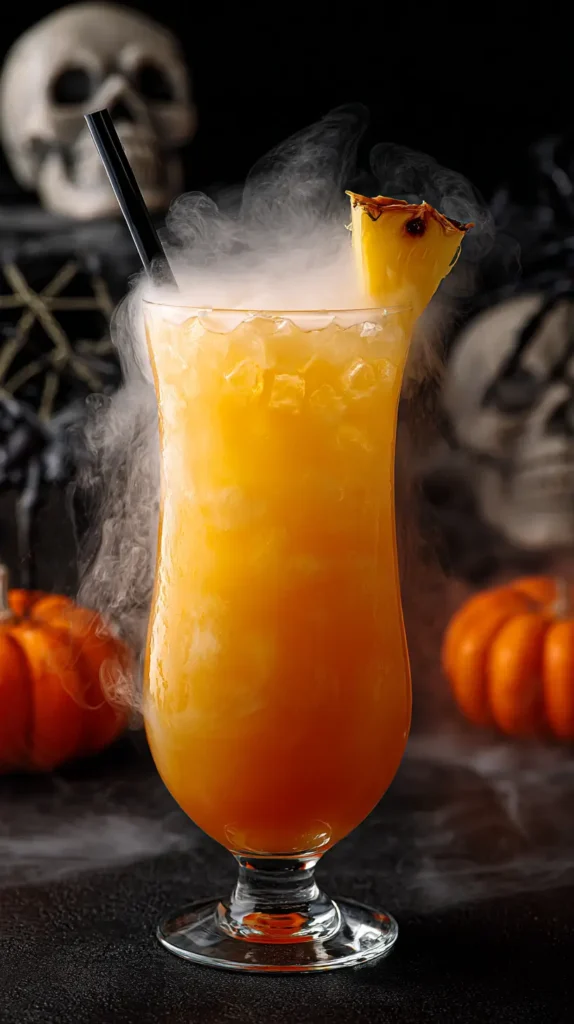 hyper-realistic photo of a close-up zombie fog cocktail in a highball glass, golden-orange liquid glowing under bright light, fog curling only from inside the drink, garnished with a lime wheel rimmed in red sugar, background of glowing jack-o-lanterns and candy corn, image needs a high bright exposure, no shadows