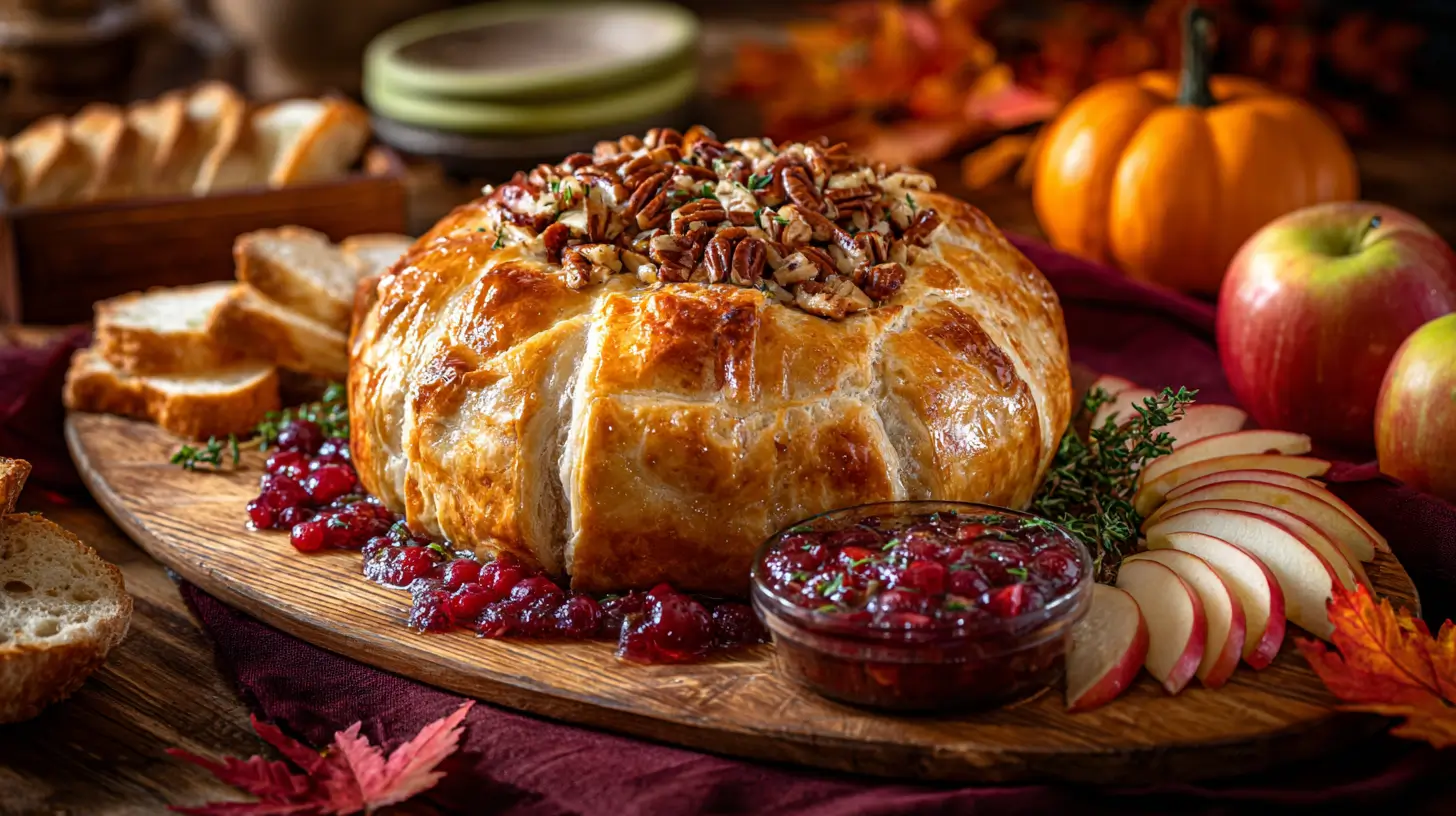 hyper-realistic photo of a large wheel of brie wrapped in golden flaky puff pastry, cranberry sauce bubbling slightly at the edges, topped with chopped pecans, with thinly sliced apples and toasted baguette arranged neatly beside it for serving, background styled with a rustic wooden fall table decorated with small pumpkins and autumn leaves, warm amber and deep red tones highlighting the season, image needs a high bright exposure, no shadows