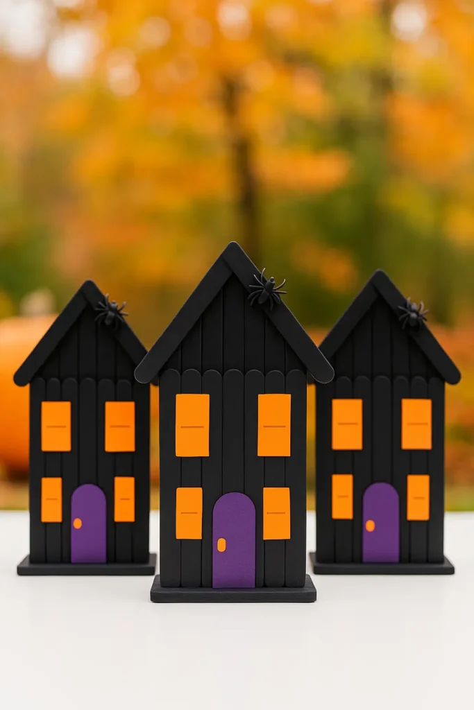 hyper-realistic photo of finished haunted houses made from wooden popsicle sticks glued into a square base with a triangle roof, painted solid black, decorated with orange paper windows and a purple paper door, small plastic spider glued to the roof, standing upright on a white surface, background is plain bright white, crisp high bright exposure, evenly lit, no shadows