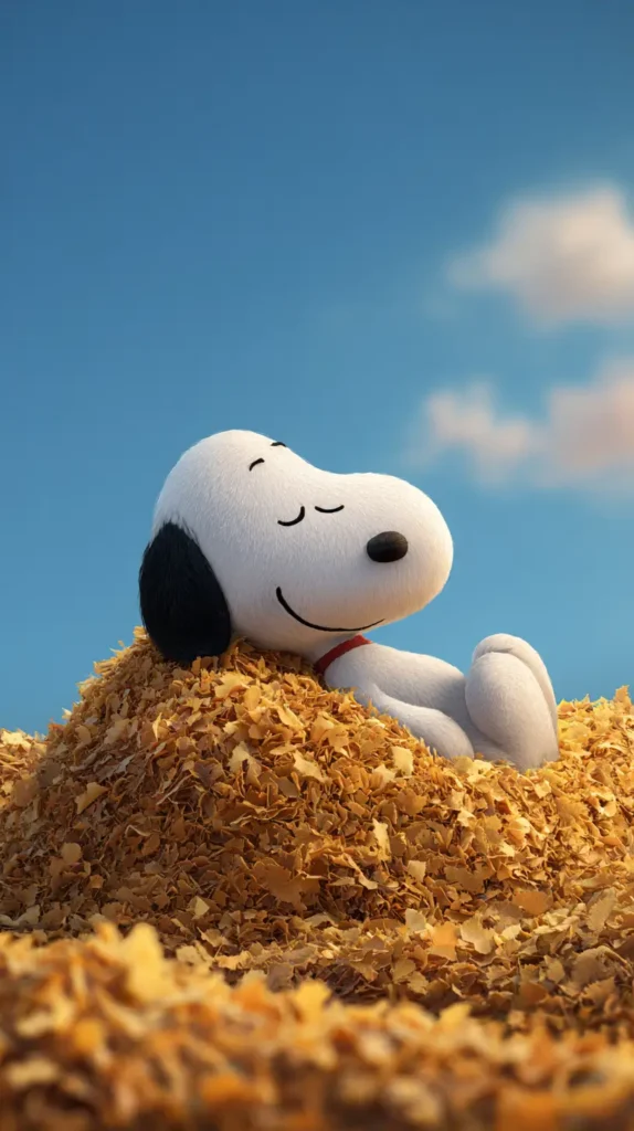 snoopy resting on fall leaves