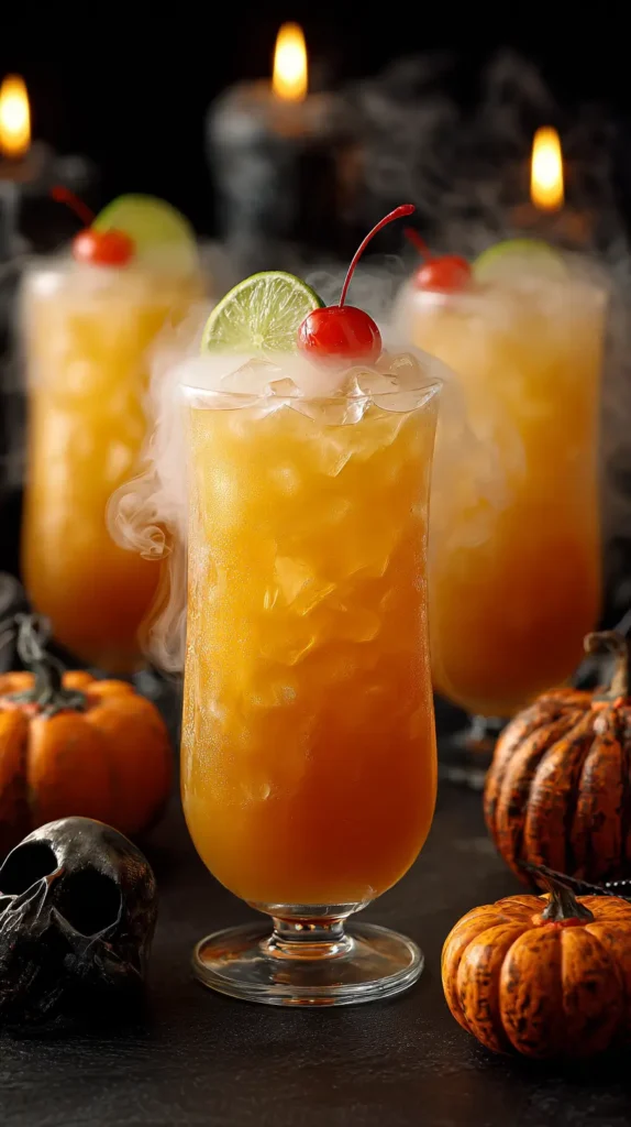 hyper-realistic photo of three golden-orange zombie fog cocktails served in clear hurricane glasses, fog pouring only from inside each drink, decorated with lime wheels and cherries on skewers, background featuring spooky black candles, tiny pumpkins, and gothic accents, crisp bright white lighting accentuating textures, image needs a high bright exposure, no shadows