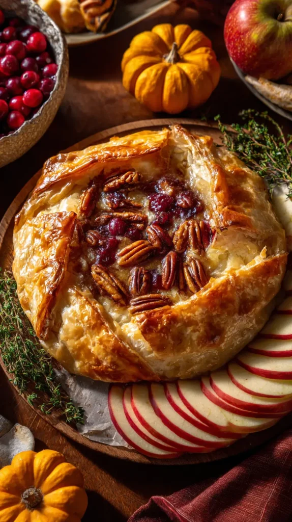 hyper-realistic photo of a baked brie wrapped in puff pastry, golden flaky crust with cranberry sauce peeking out, chopped pecans sprinkled on top, sliced apples on the side, background of a harvest-inspired fall table with warm wood and small pumpkins nearby, image needs a high bright exposure, no shadows