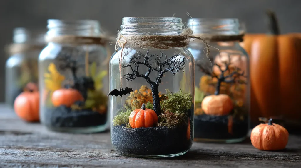 hyper-realistic photo of finished mini haunted terrariums inside small clear glass jars with black sand at the base, a twig tree, tiny faux pumpkins, and a single small paper bat hanging from fishing line inside, background is plain bright white, crisp high bright exposure, evenly lit, no shadows