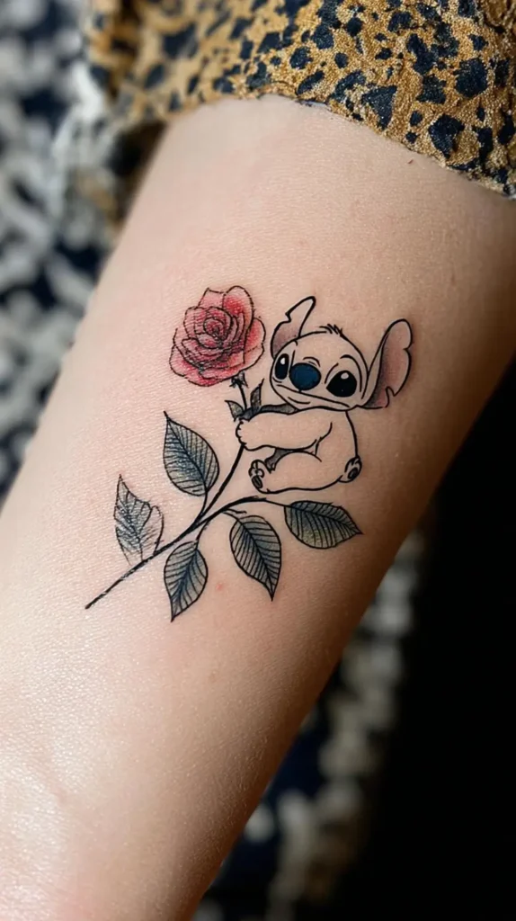disney Stitch tattoo on a rose