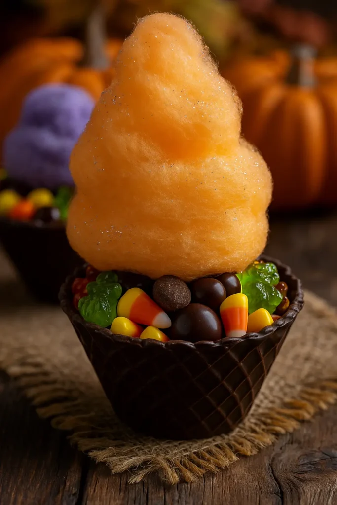 cotton candy in a chocolate waffle cone bowl