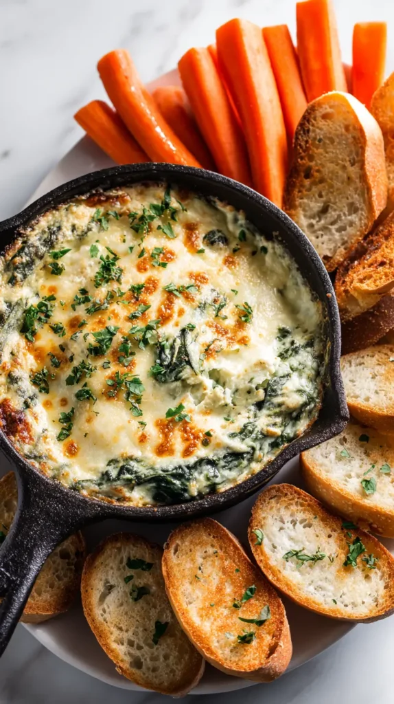 hyper-realistic photo of a shallow cast iron skillet filled with bubbling spinach artichoke dip, creamy and golden with toasted Parmesan on top, surrounded by toasted baguette slices and fresh carrot sticks, background with a rustic wooden table scattered with autumn leaves in shades of orange and yellow, image needs a high bright exposure, no shadows