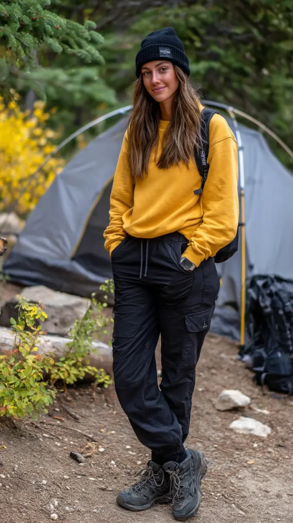 woman with a beanie, long sleeved top and black pants and boots