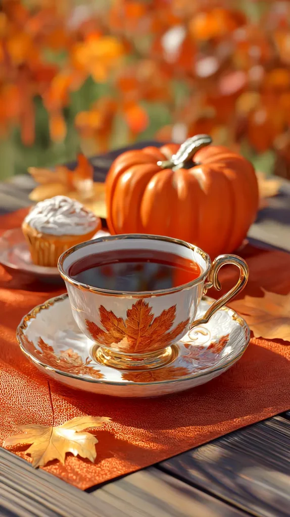 tea cup with pumpkin in the background