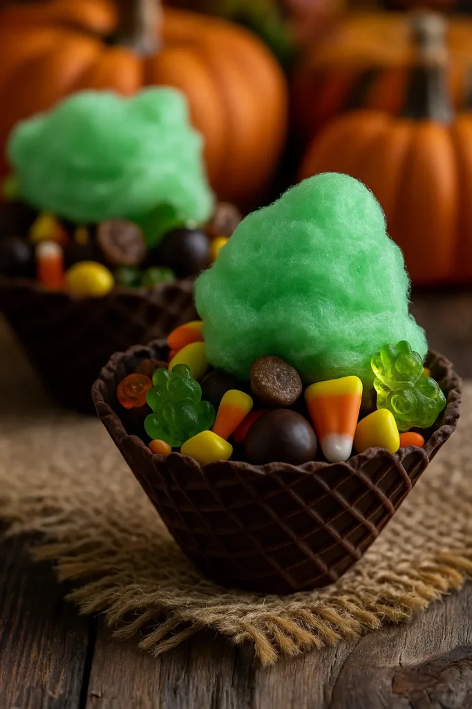 Small dessert-sized waffle cone bowls with visible waffle texture, fully coated in glossy black candy melts, filled halfway with candy corn, round chocolate candies, and gummy frogs, topped with an oversized fluffy puff of cotton candy in green, purple, or orange to look like dramatic cauldron smoke, sprinkled with edible glitter, arranged on a rustic wooden table with softly blurred pumpkins in the background