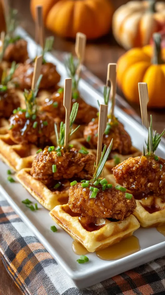 hyper-realistic photo of mini chicken and waffle skewers, golden waffles stacked with crispy chicken bites drizzled in hot honey, sprinkled with chopped chives, arranged on a white platter set on a rustic autumn table with plaid cloth and scattered acorns, image needs a high bright exposure, no shadows