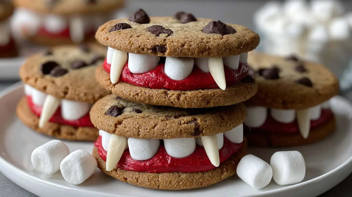 A stack of Halloween vampire cookies made from two chocolate chip cookies sandwiched with red frosting, mini marshmallows for teeth, and two almond slivers for fangs, arranged on a white plate with extra mini marshmallows in the background, bright and clear lighting